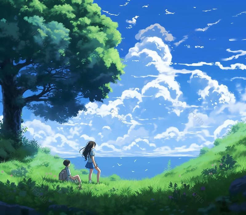 绿色手绘大树下女孩男孩设计背景,插画/手绘图,插画/手绘图库,插画/手绘图下载,插画/手绘